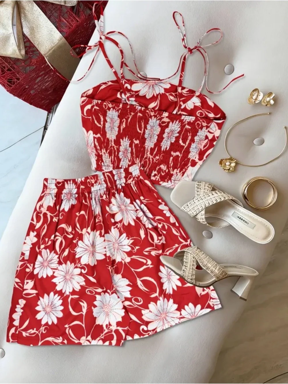 Red Floral Tie-Shoulder Crop Top & Skirt Set